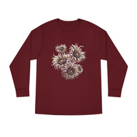 Printify eco-friendly long sleeve shirt in maroon with unique floral design on front