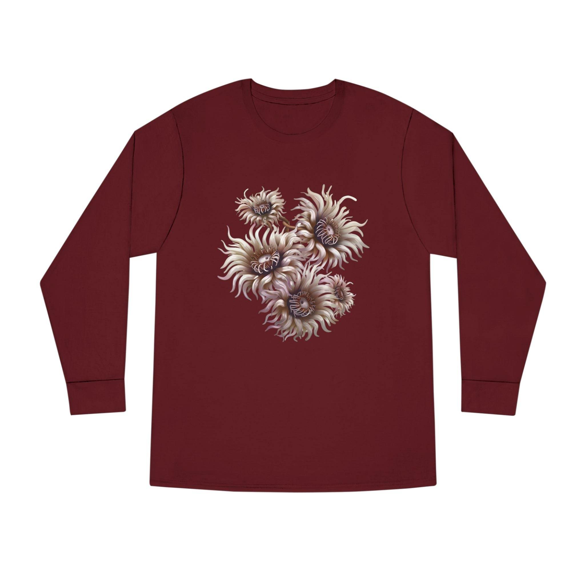 Printify eco-friendly long sleeve shirt in maroon with unique floral design on front