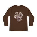 Printify eco-friendly long sleeve shirt in brown with unique floral design on front