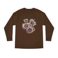 Printify eco-friendly long sleeve shirt in brown with unique floral design on front