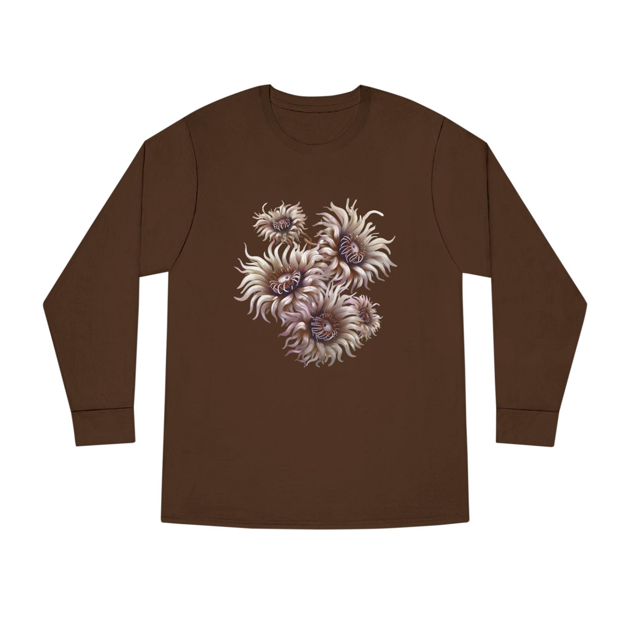 Printify eco-friendly long sleeve shirt in brown with unique floral design on front