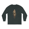 Printify eco-friendly long sleeve shirt in dark color with detailed warrior woman graphic design