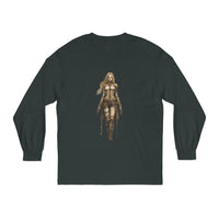 Printify eco-friendly long sleeve shirt in dark color with detailed warrior woman graphic design