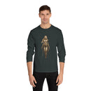 Printify eco-friendly long sleeve shirt in dark color with warrior woman graphic design