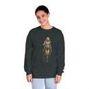 Printify eco-friendly long sleeve shirt in dark color featuring a detailed female warrior graphic