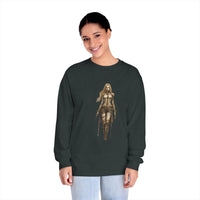 Printify eco-friendly long sleeve shirt in dark color featuring a detailed female warrior graphic