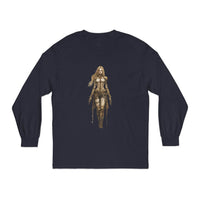 Printify eco-friendly long sleeve shirt in navy with detailed fantasy warrior woman graphic
