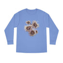 Printify eco-friendly long sleeve shirt in light blue with artistic sunflower design on front