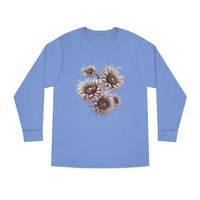 Printify eco-friendly long sleeve shirt in light blue with artistic sunflower design on front
