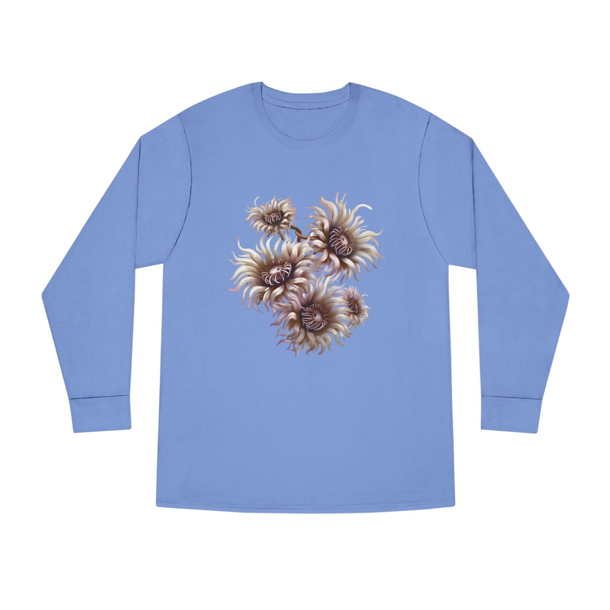 Printify eco-friendly long sleeve shirt in light blue with artistic sunflower design on front