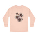 Printify eco-friendly long sleeve shirt in light pink with abstract floral design on front