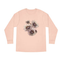 Printify eco-friendly long sleeve shirt in light pink with abstract floral design on front
