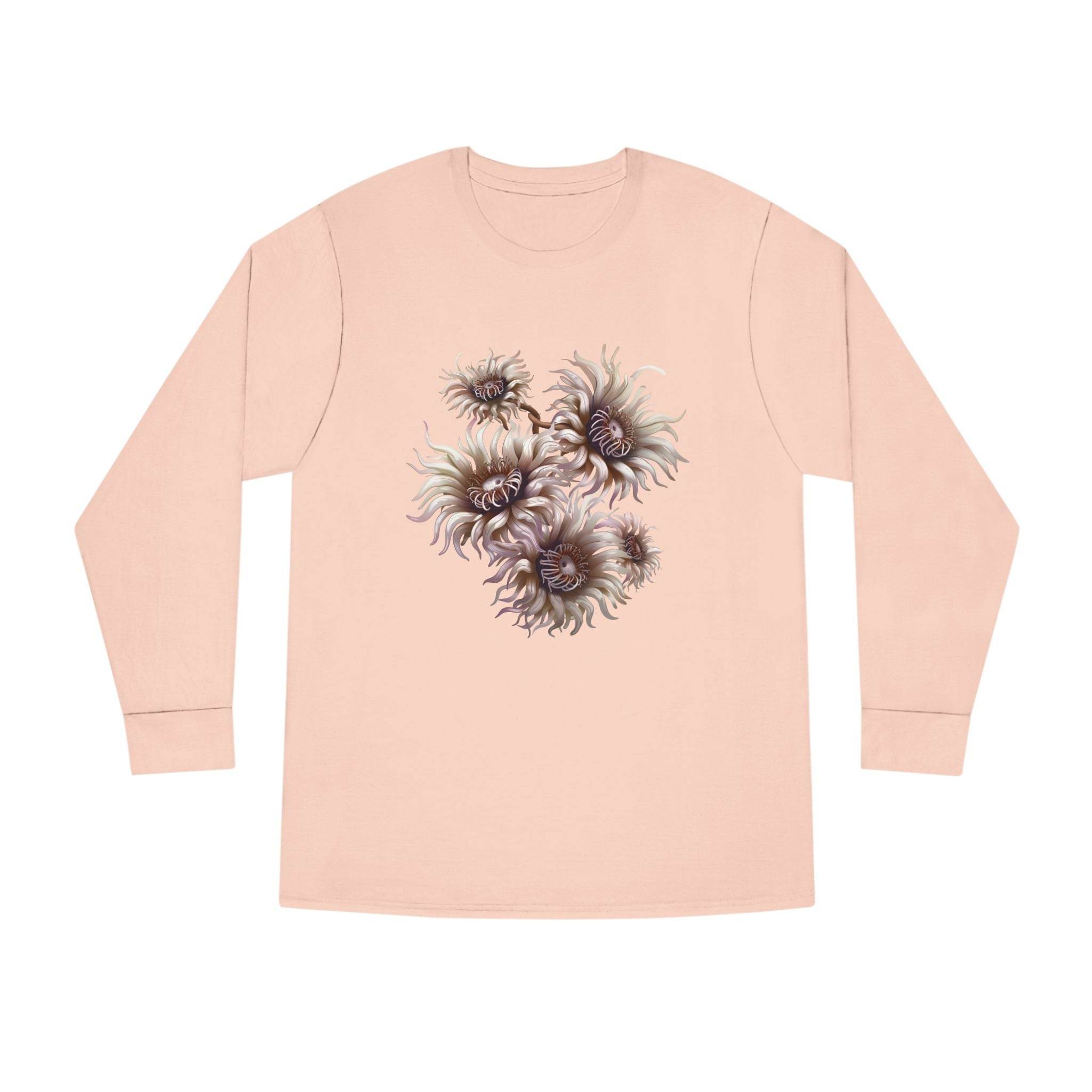 Printify eco-friendly long sleeve shirt in light pink with abstract floral design on front