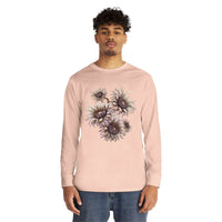 Printify eco-friendly long sleeve shirt in light pink with floral design worn by male model