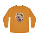 Printify eco-friendly long sleeve shirt in mustard with floral design on front