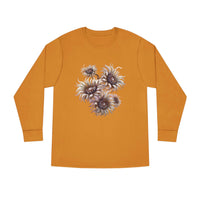 Printify eco-friendly long sleeve shirt in mustard with floral design on front