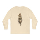 Printify eco-friendly long sleeve shirt in beige with detailed warrior woman graphic design