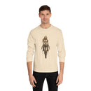 Printify eco-friendly long sleeve shirt in beige with a detailed warrior woman graphic design
