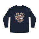 Printify navy blue eco-friendly long sleeve shirt with artistic floral design on front