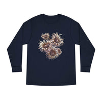 Printify navy blue eco-friendly long sleeve shirt with artistic floral design on front