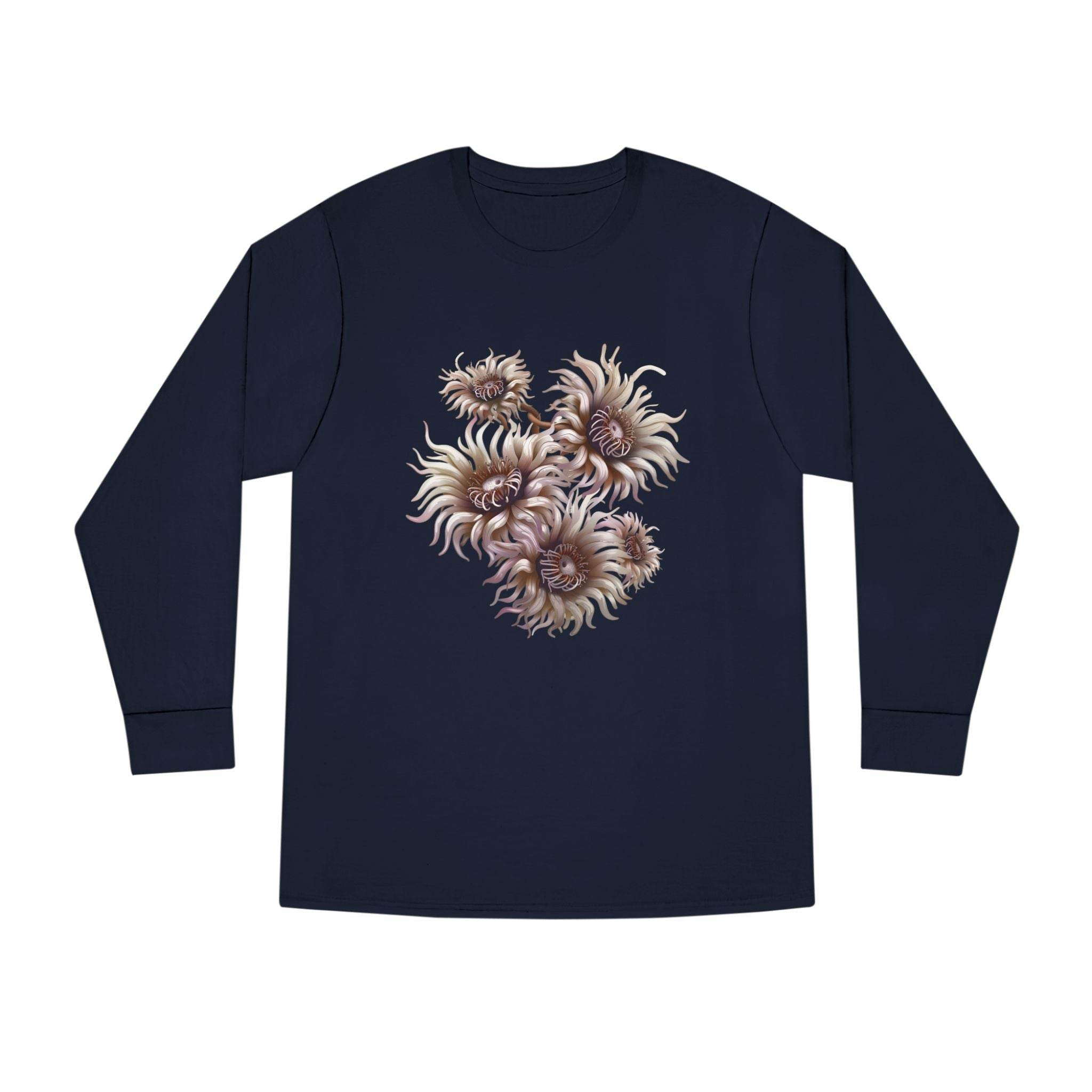 Printify navy blue eco-friendly long sleeve shirt with artistic floral design on front
