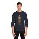 Printify eco-friendly long sleeve shirt in navy with fantasy warrior woman graphic on front
