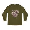 Printify eco-friendly long sleeve shirt in olive green with artistic floral design on front