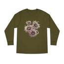 Printify eco-friendly long sleeve shirt in olive green with artistic floral design on front