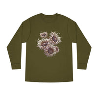 Printify eco-friendly long sleeve shirt in olive green with artistic floral design on front