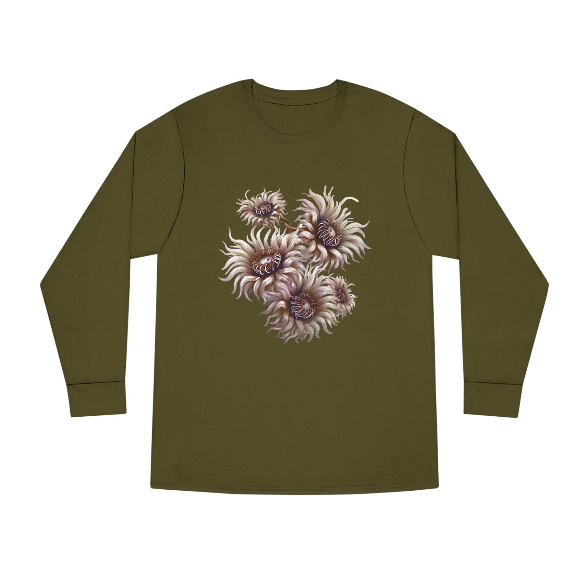 Printify eco-friendly long sleeve shirt in olive green with artistic floral design on front