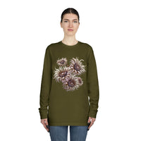 Printify eco-friendly long sleeve shirt in olive green with floral design worn by woman