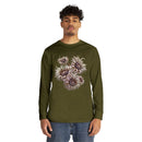 Printify eco-friendly long sleeve shirt in olive green with abstract flower design on front