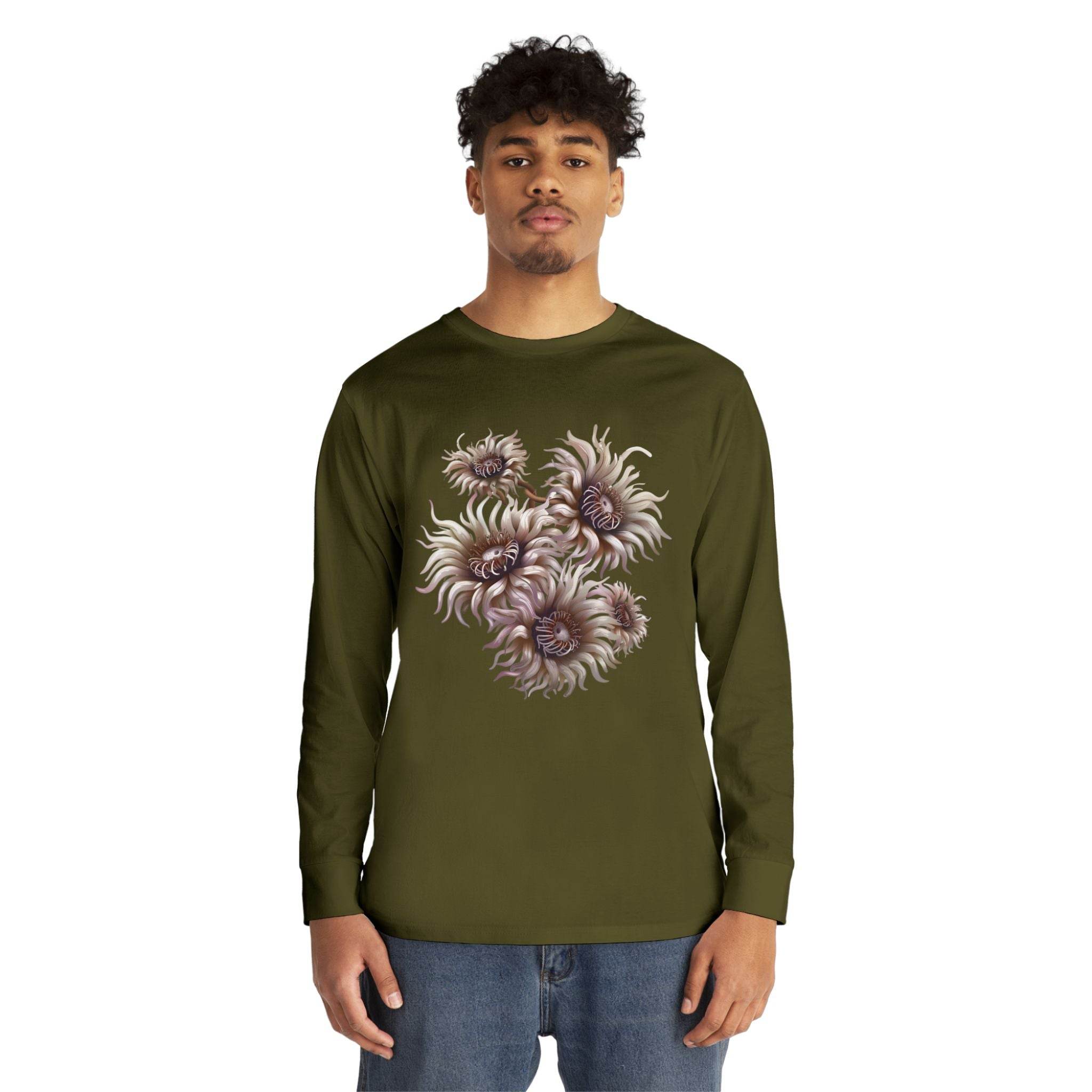 Printify eco-friendly long sleeve shirt in olive green with abstract flower design on front