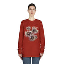 Printify eco-friendly long sleeve shirt in red with floral design worn by model
