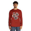 Printify eco-friendly long sleeve shirt in red with unique floral design worn by male model