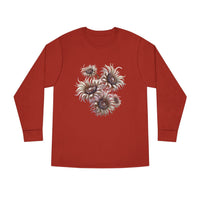 Printify eco-friendly long sleeve shirt in red with unique white floral design on front