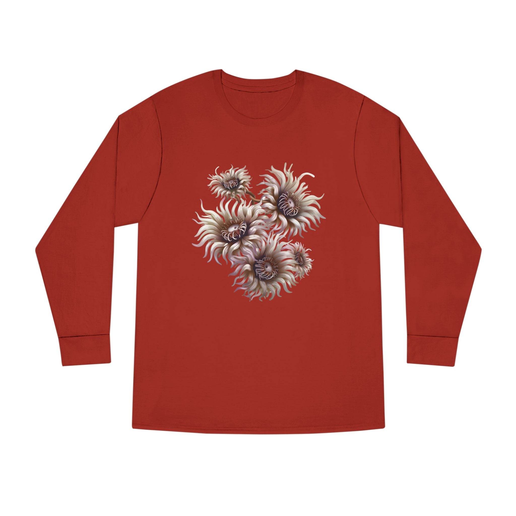 Printify eco-friendly long sleeve shirt in red with unique white floral design on front