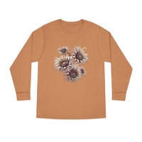 Printify eco-friendly long sleeve shirt in brown with abstract floral design on front