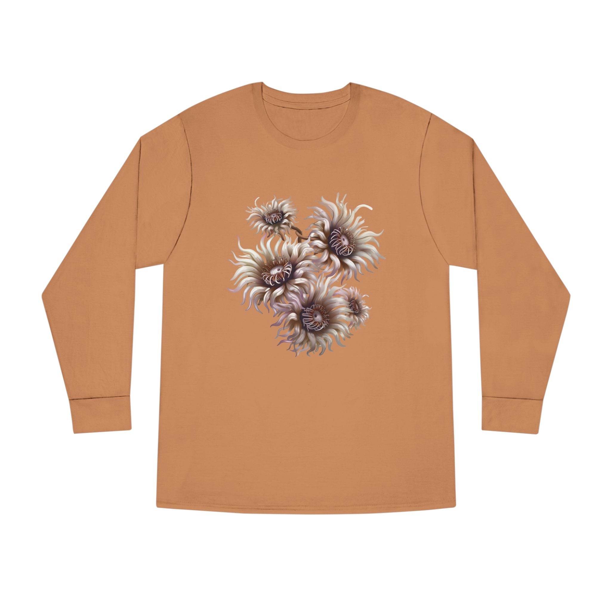 Printify eco-friendly long sleeve shirt in brown with abstract floral design on front