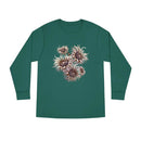 Printify eco-friendly long sleeve shirt in green with floral sunflower design on front