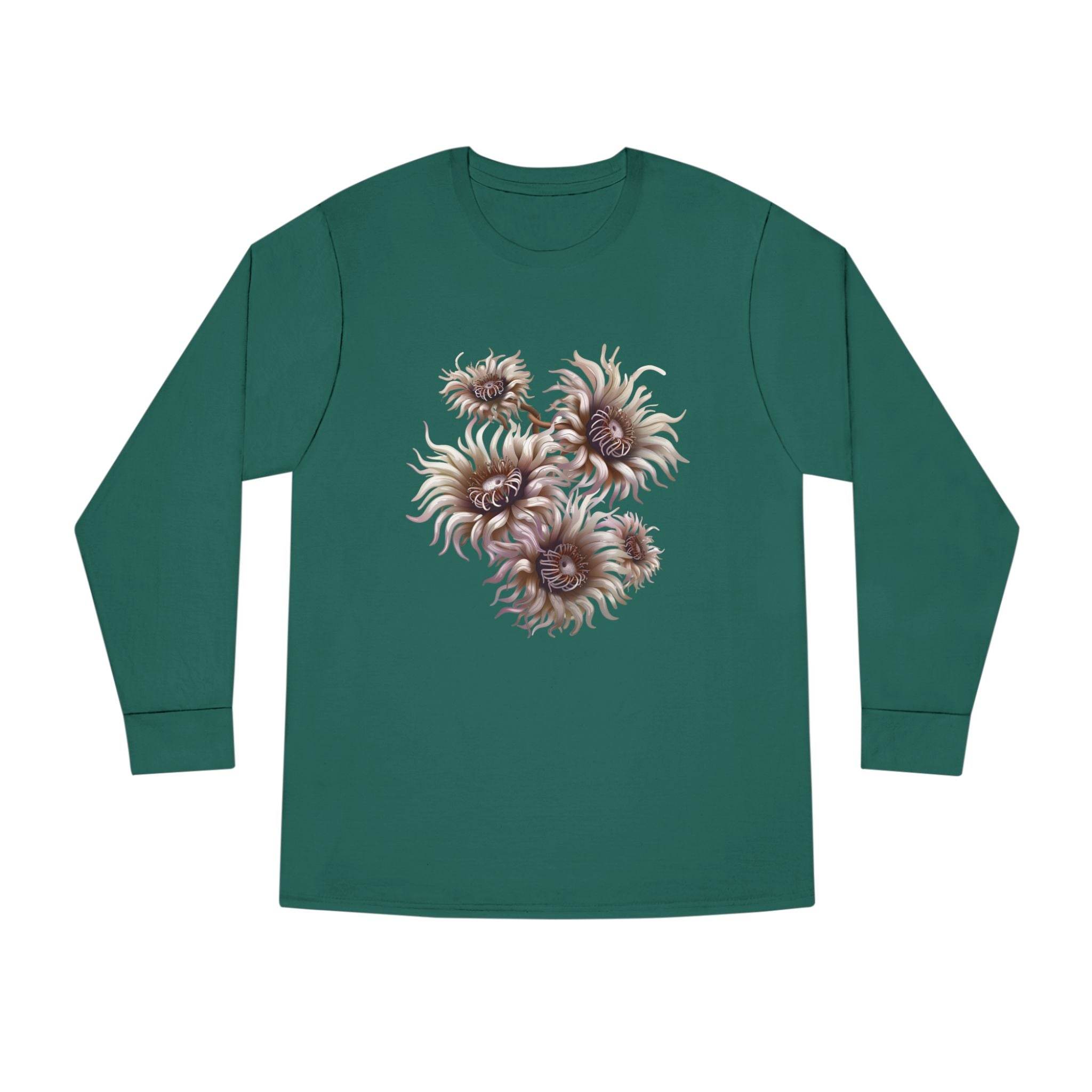 Printify eco-friendly long sleeve shirt in green with floral sunflower design on front