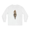Printify eco-friendly long sleeve shirt in white with detailed fantasy warrior woman graphic print