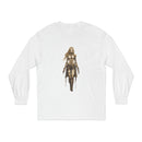 Printify eco-friendly long sleeve shirt in white with detailed fantasy warrior woman graphic print