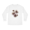 Printify white eco-friendly long sleeve shirt with brown floral design on front