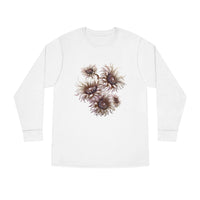 Printify white eco-friendly long sleeve shirt with brown floral design on front
