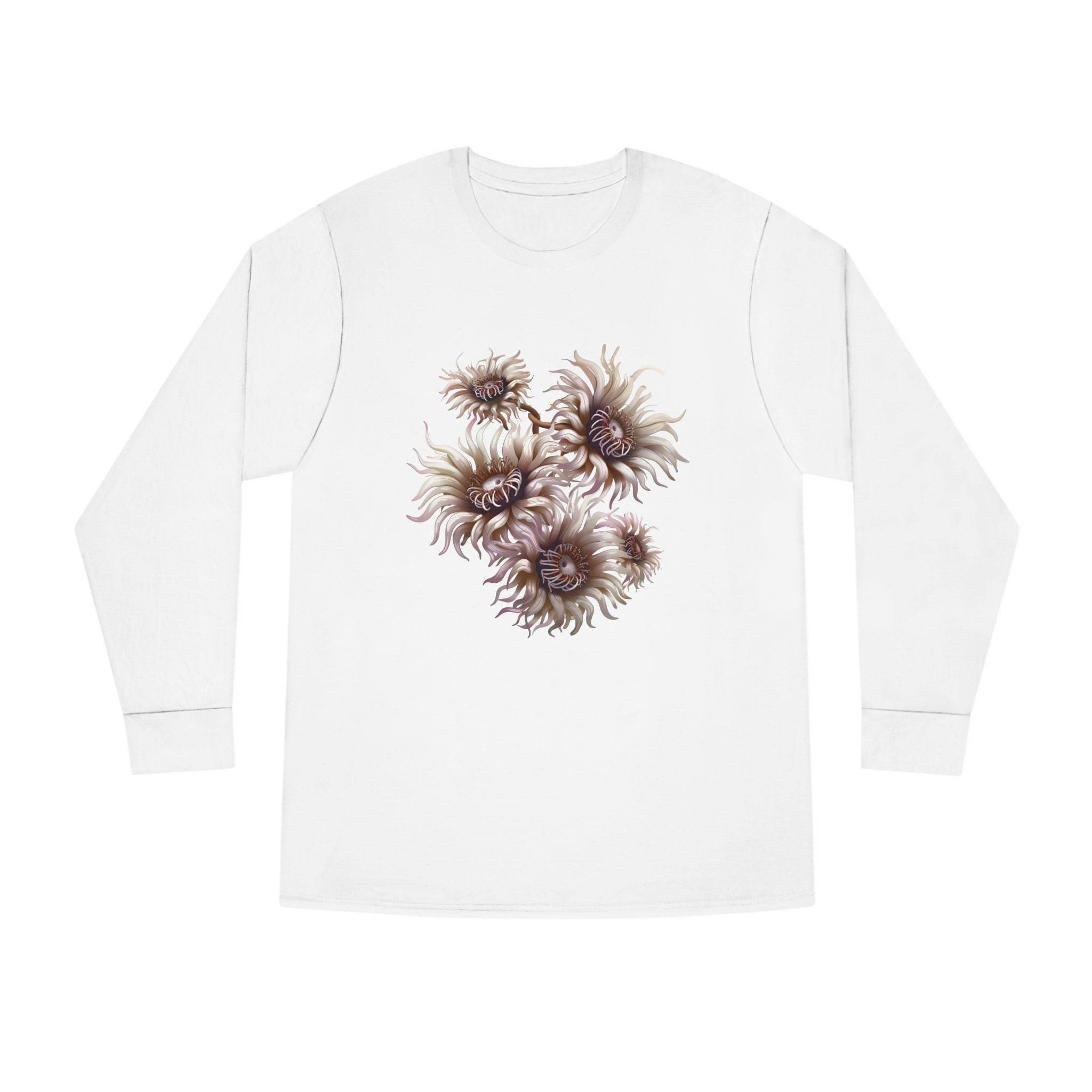 Printify white eco-friendly long sleeve shirt with brown floral design on front