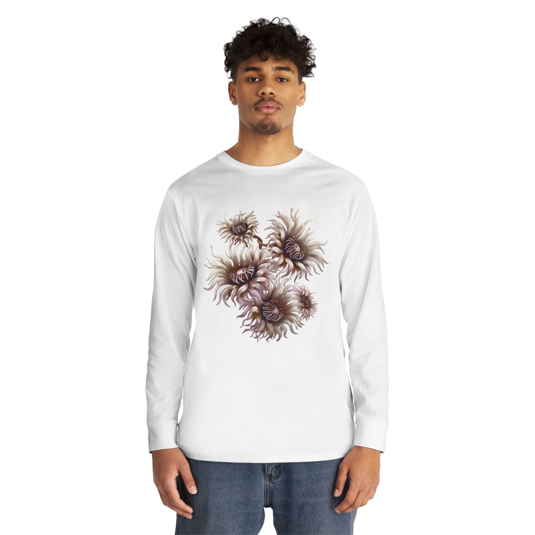 Printify eco-friendly long sleeve shirt with floral abstract design worn by male model