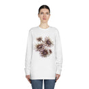 White eco-friendly long sleeve shirt from Printify featuring a brown abstract floral design