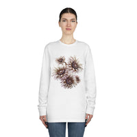 White eco-friendly long sleeve shirt from Printify featuring a brown abstract floral design