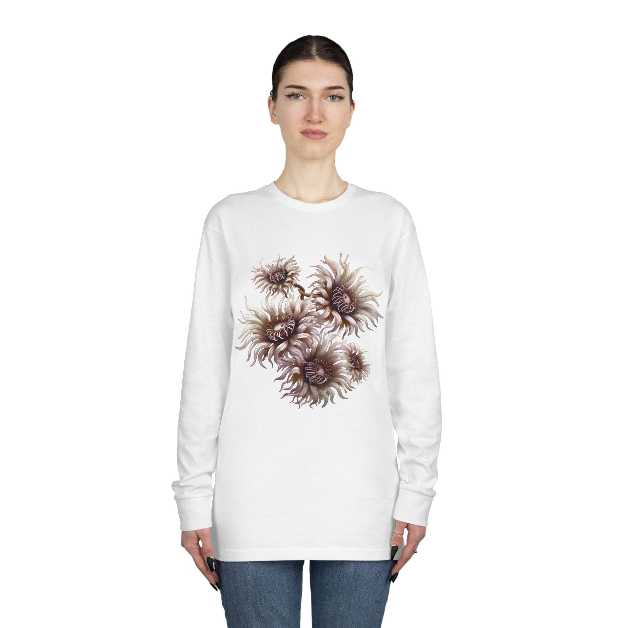 White eco-friendly long sleeve shirt from Printify featuring a brown abstract floral design